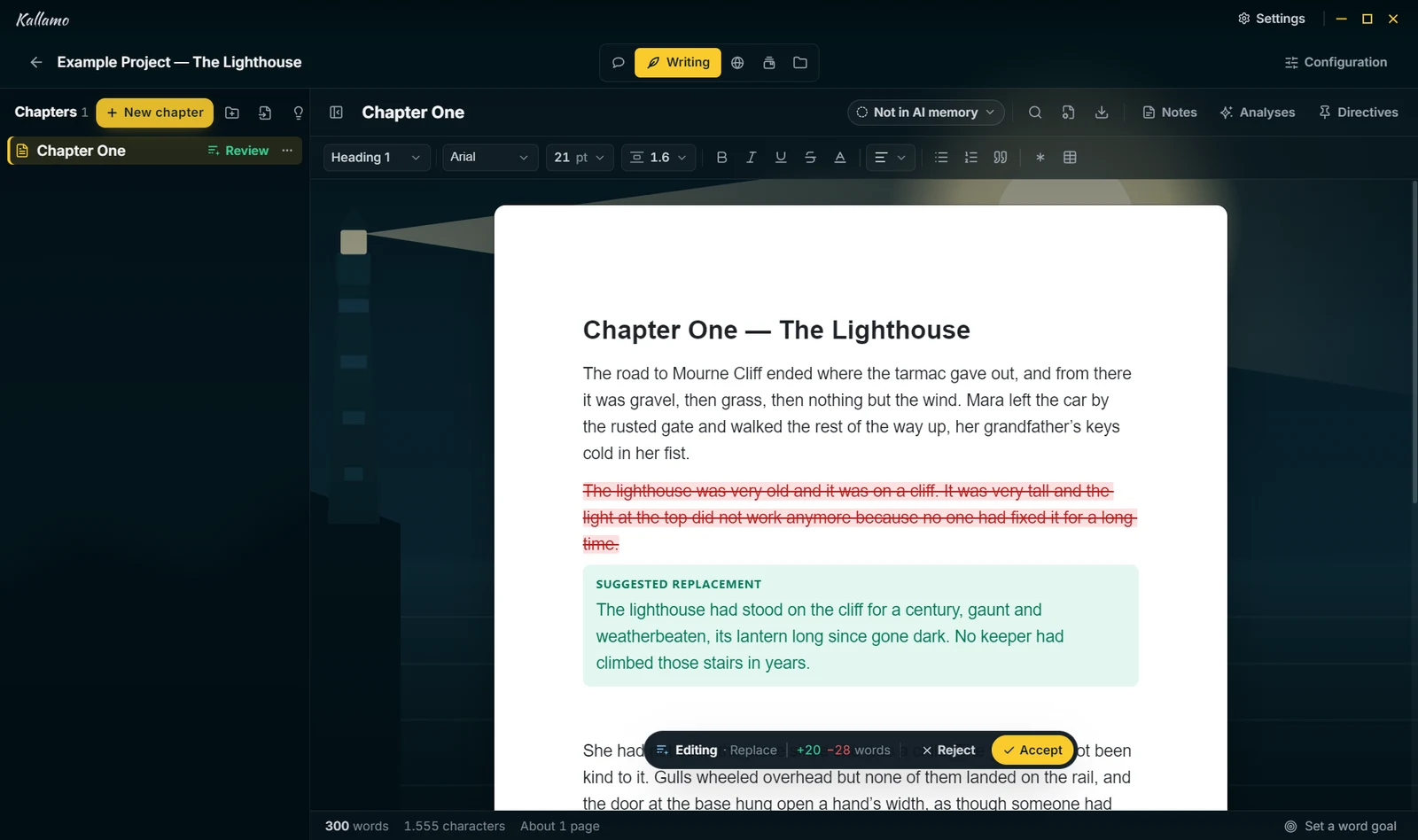 The Writing Desk with a suggested rewrite shown as a diff
